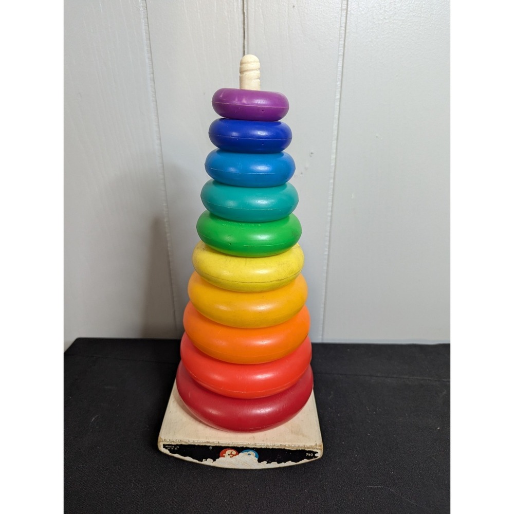 Fisher price 740 toy ring stacker rock a stack 10 plastic rainbow rings learning